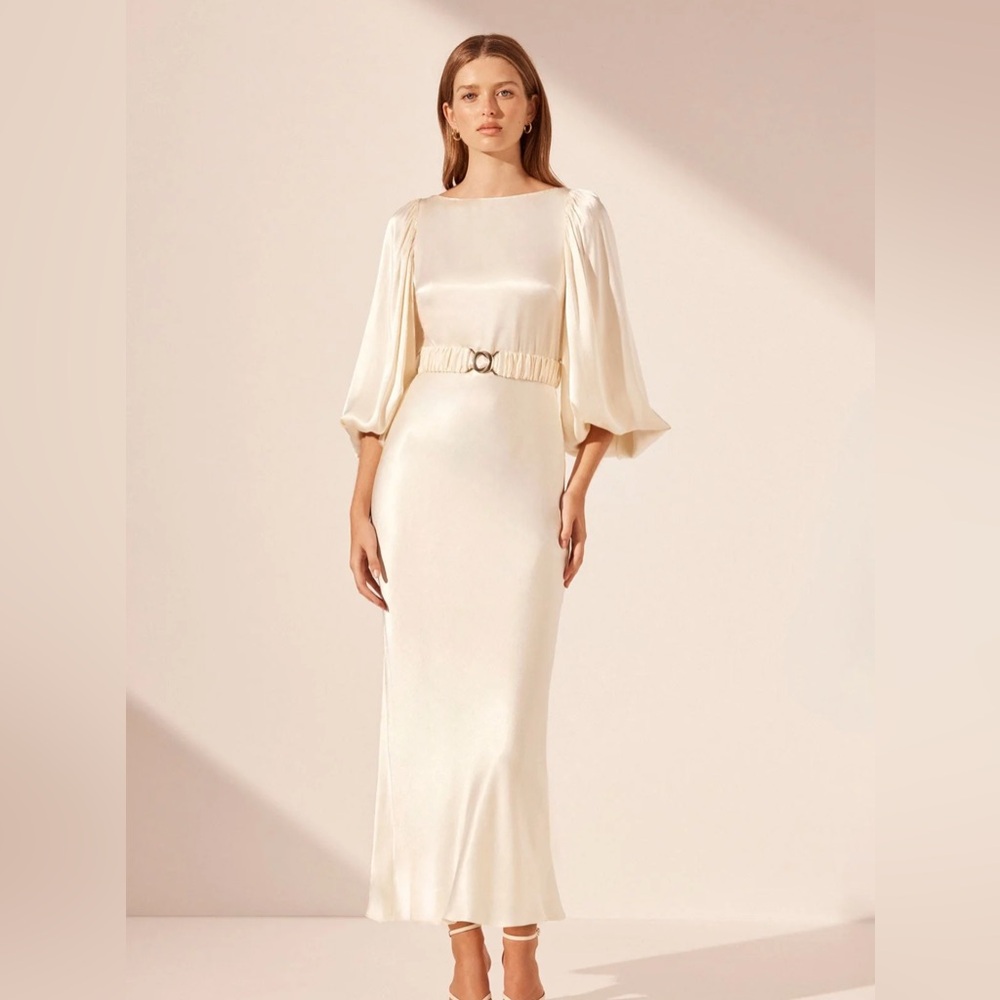 Shona Joy La Lune Balloon Sleeve Midi Dress with Belt - Cream